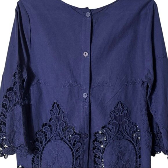 Cynthia Rowley Womens Crochet Top Blouse Medium Bohemian Fairy Navy Blue Beachy - Picture 4 of 8